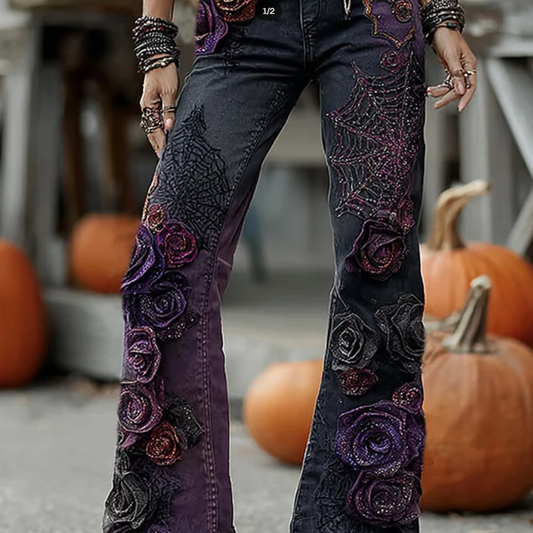 Vintage Halloween Black And Purple Rose Gothic Art Jeans