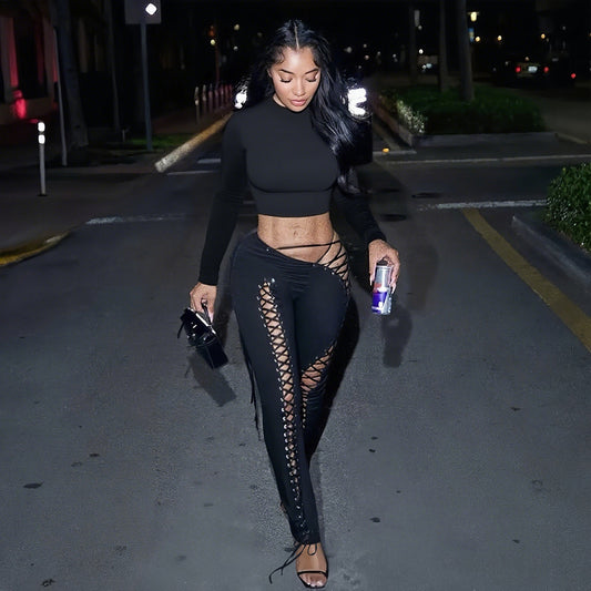 Women's Long-sleeved Top Sexy Cutout Lace-up Tight Trousers Two-piece Set
