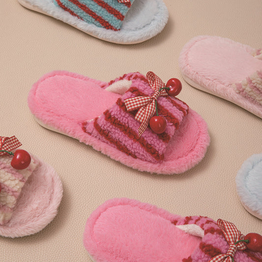 Contrast Color Cherry Open Plush Slippers