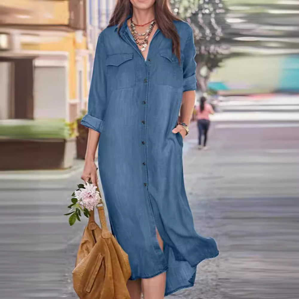 Womens Denim Casual Dress With Shirt Collar