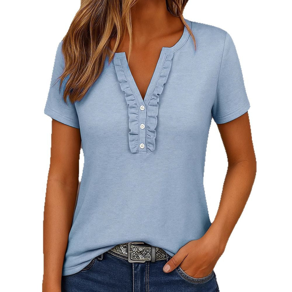 Casual  Relaxed-fit  Fashionable Solid-color Short-sleeve V-neck Pullover With Button Detailing