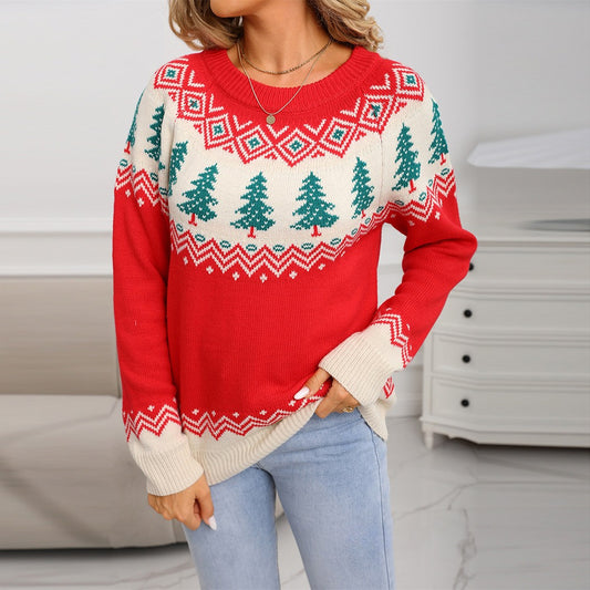Casual Loose Jacquard Women's Christmas Tree Pullover Knitted Sweater