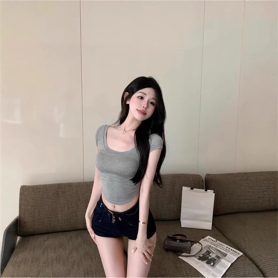 Figure-flattering Slimming Cropped Sheer And Sexy Short-sleeve T-shirt