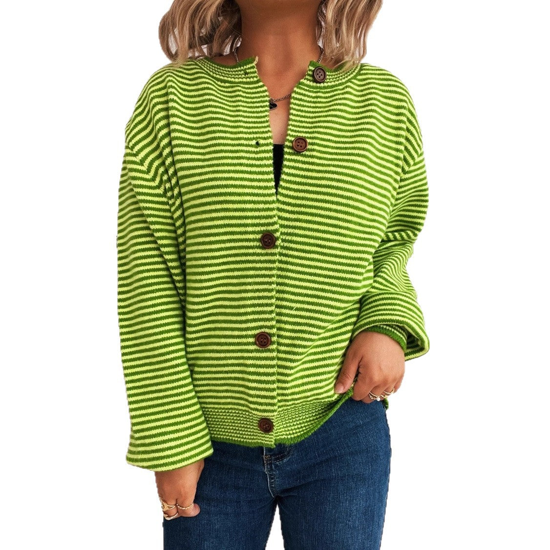 Elegant Retro Pinstripe Single-breasted Scarf Knitted Cardigan Sweater