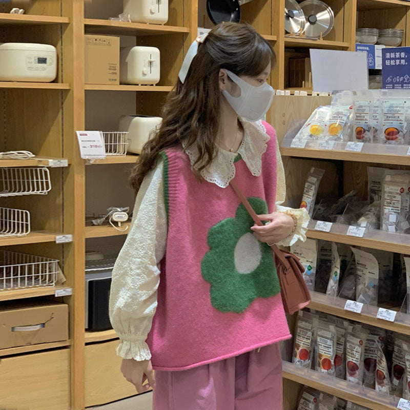 Spring Autumn Outerwear Lace-up Towel Embroidery Flower Knitted Vest
