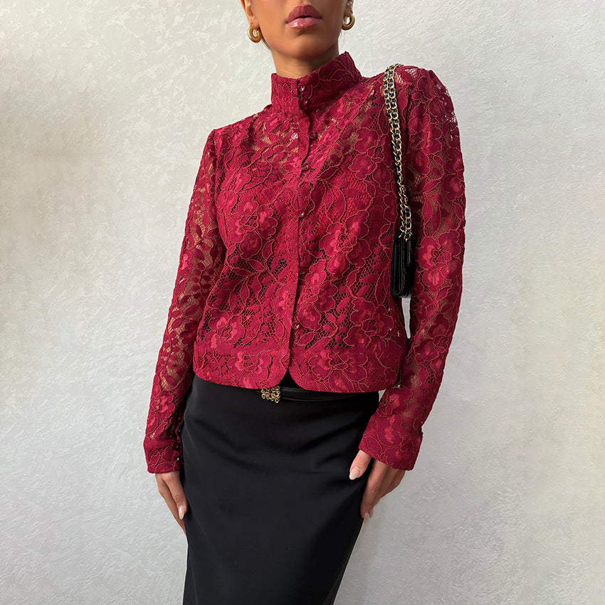 Fashionable Lace Blouse For Women Cardigan-style Top With A Stand-up Collar
