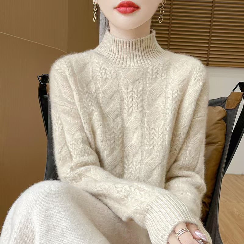 Female Solid Color Thickened Jacquard Turtleneck Wool Sweater