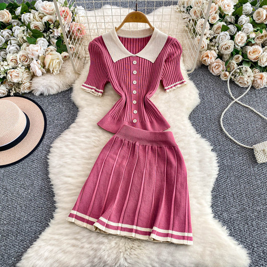 Contrast-color Button-front Top With A High-waisted Skirt