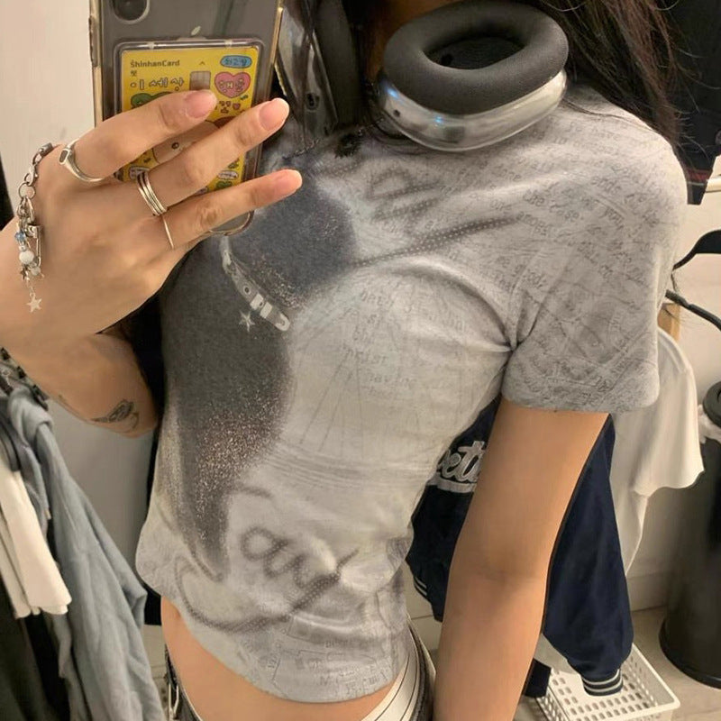 INS Nye Casual Dame Mode Printet Rund Hals Kort Top
