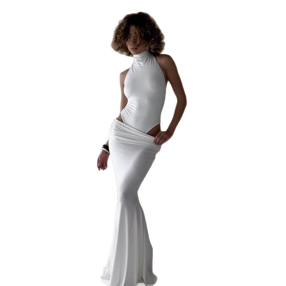 Fashionable Sleeveless Halter Jumpsuit And Low-Waist Bodycon Skirt Two-Piece Set