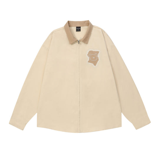 Loose Spring And Autumn Lapel Color Matching American Street Fashion Zipper Shirt