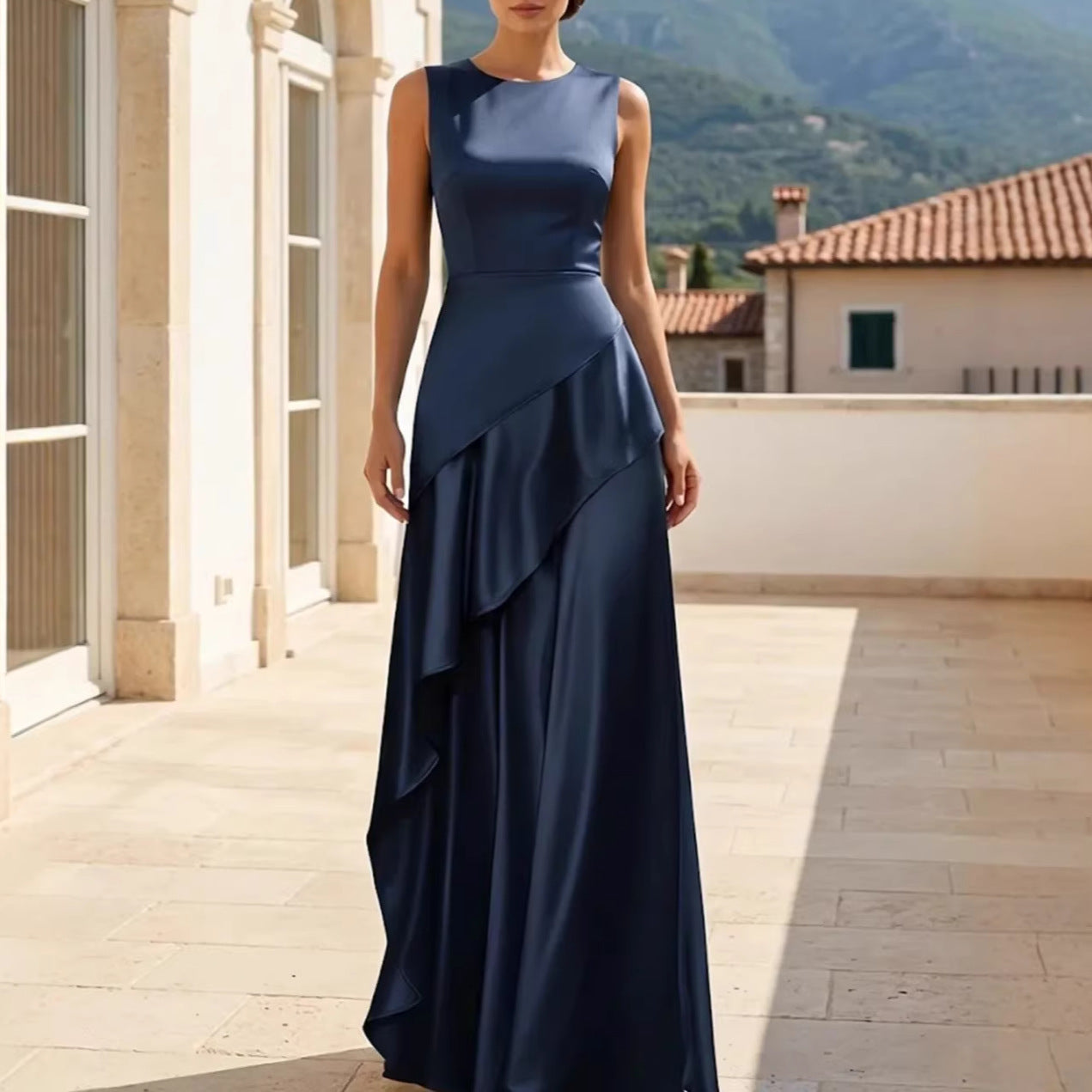French-style Elegant Round-neck Sleeveless Dress A Fashionable Maxi Skirt With Ruffled Hem