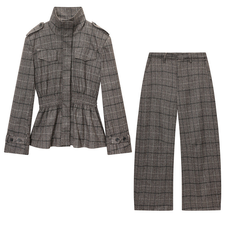 Wool Blend Plaid Ruffle Hem Jacket Pants