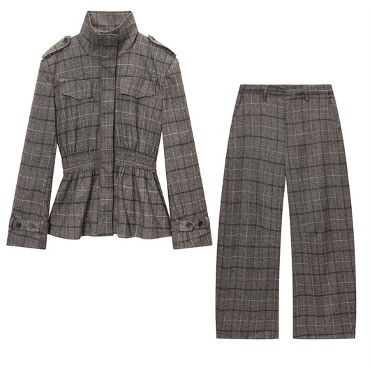 Wool Blend Plaid Ruffle Hem Jacket Pants