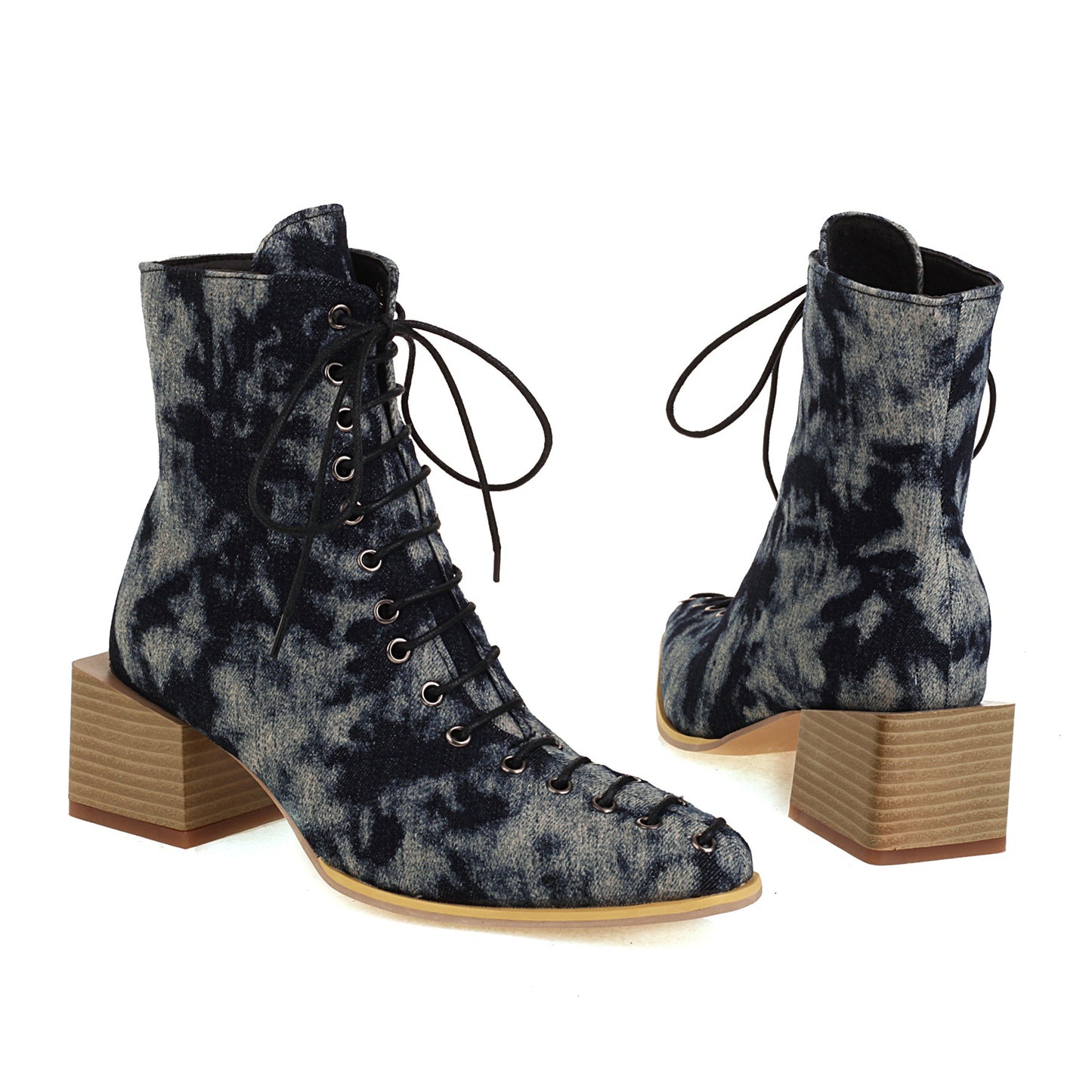 Fashion Mid-heel Square Toe 40414243 Snake Front Lace-up Low-top Women's Boots