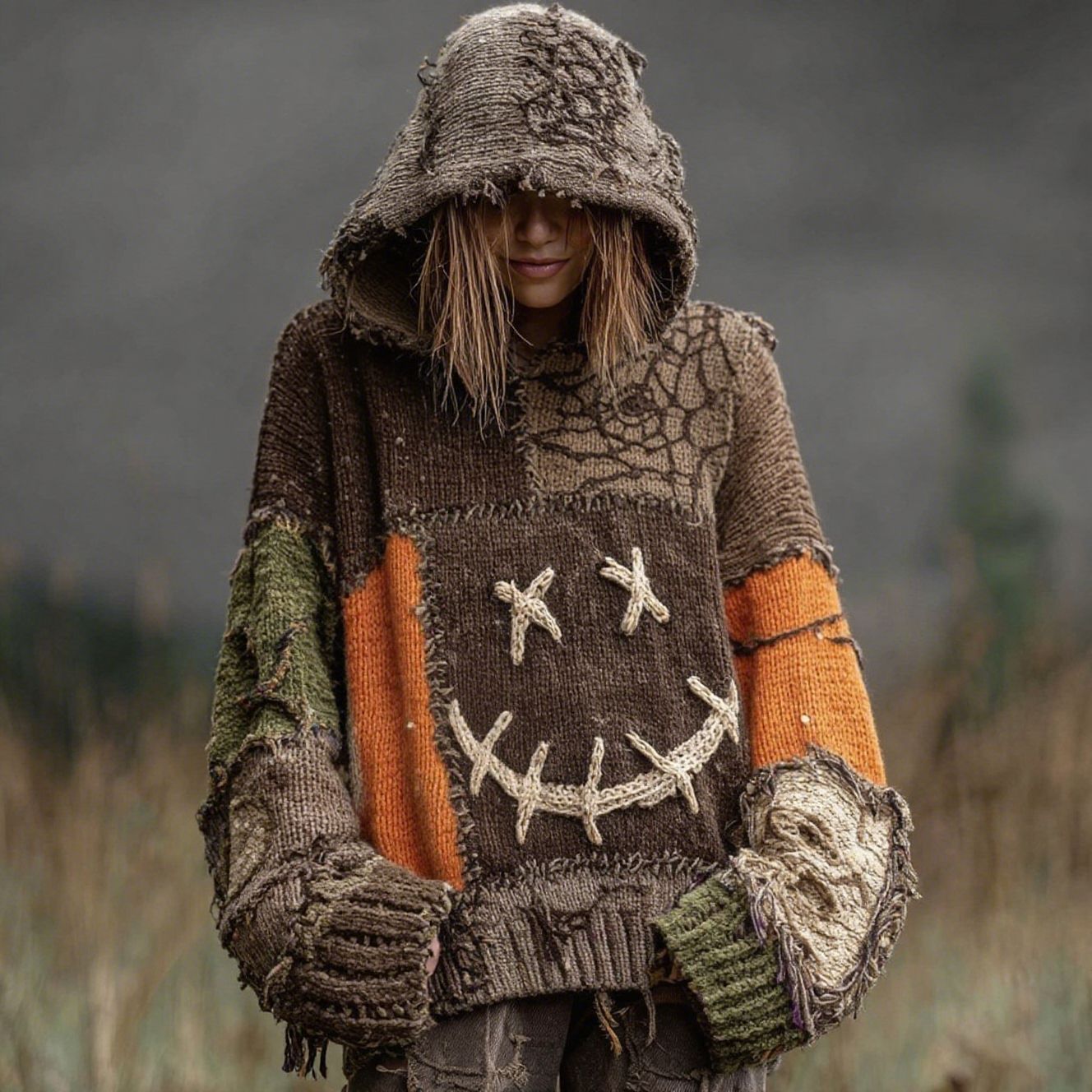 Drop-Shoulder Vintage Womens Printed Loose Hooded Top