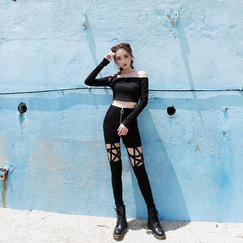Autumn And Winter Gothic Punk Style Lace-up Leggings Hip High Waist Trousers