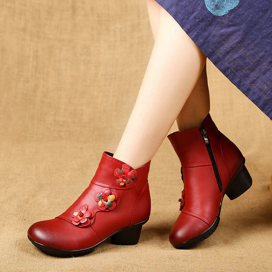 Ethnic Style Leather Mid Heel Short Boots