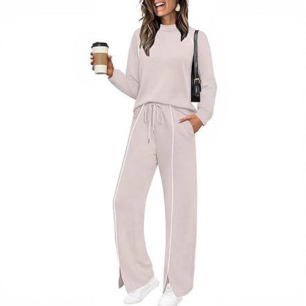 Round Neck Long Sleeve Stretch Leg Slit Casual Sweatshirt Outfit