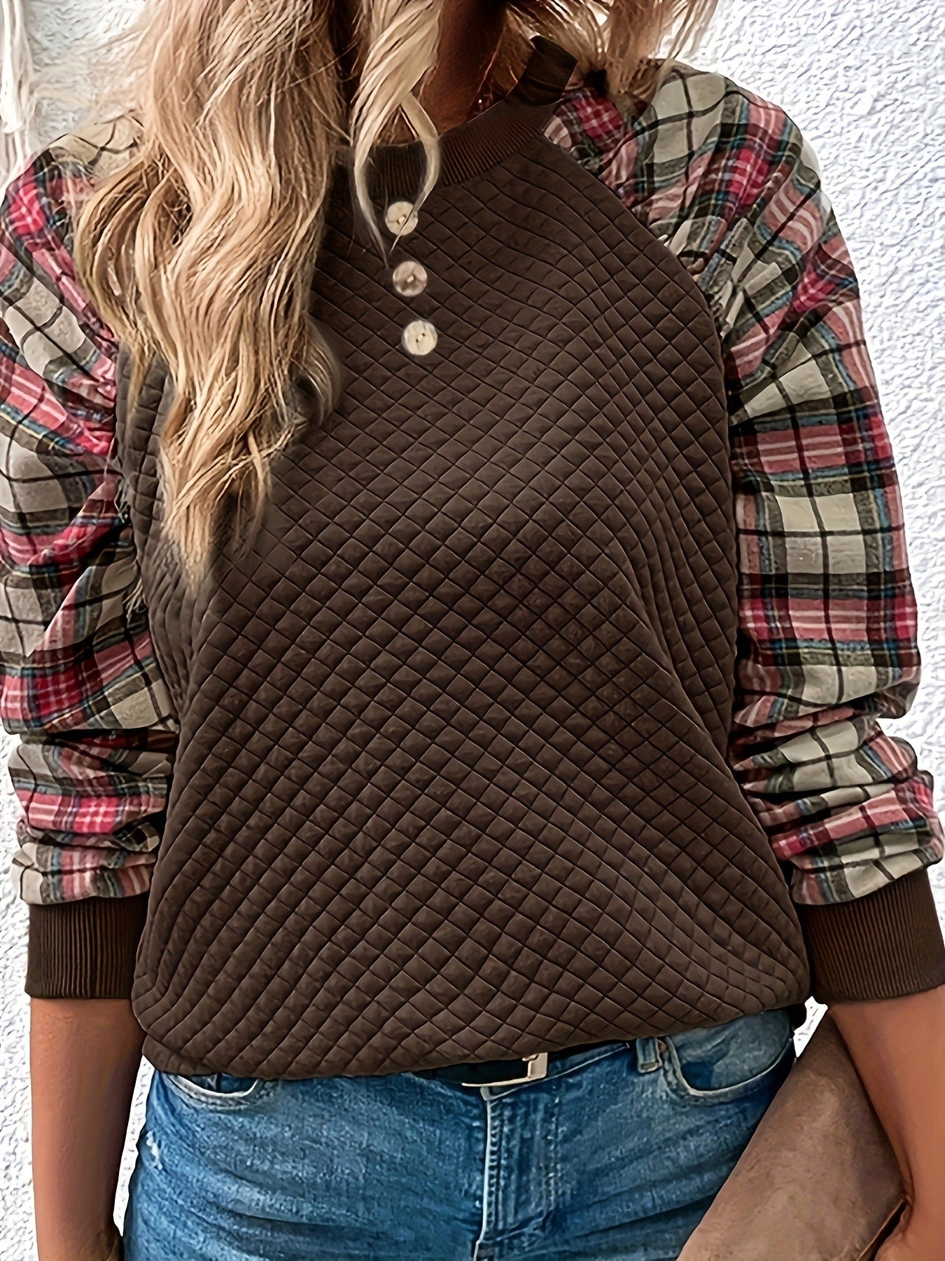 Diamond Plaid Stitching Long Sleeve Crew Neck Sweater