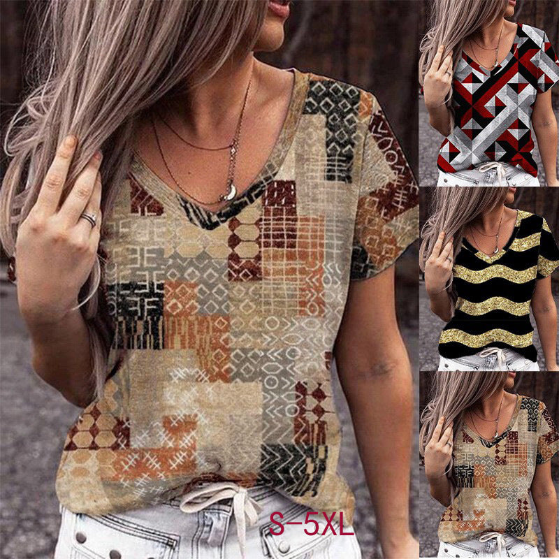 Fashion V-Neck Geometric Print Plus Size Short Sleeve T-Shirt