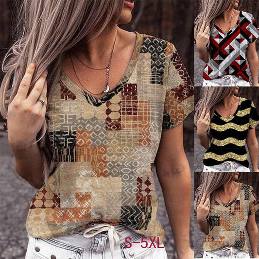 Fashion V-Neck Geometric Print Plus Size Short Sleeve T-Shirt