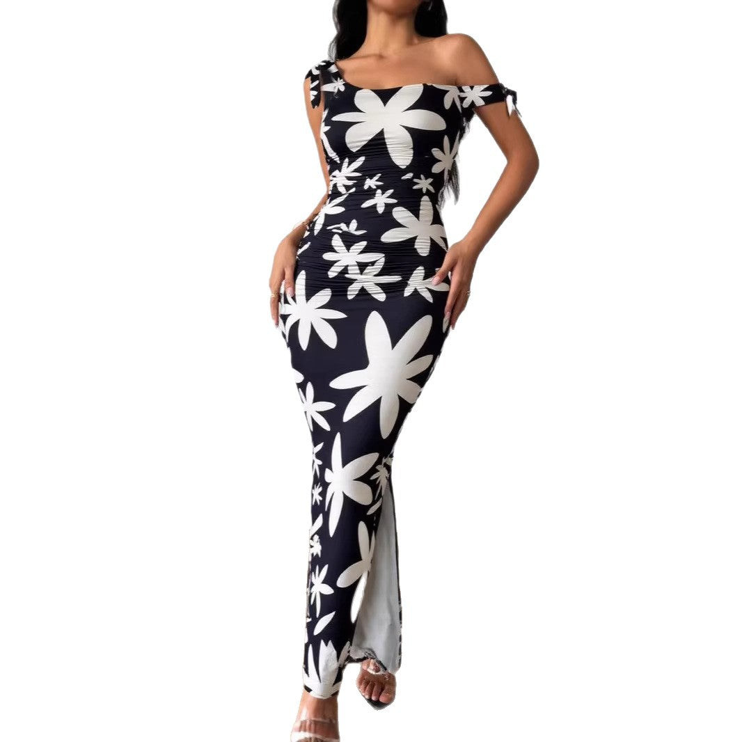 Stylish Floral One-shoulder Dress With Ruffled Hem And A Cinched Waist