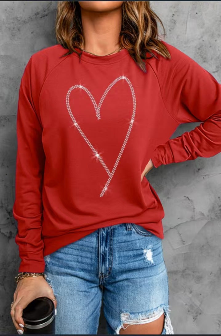 Hjerteprintet langærmet sweatshirt med rund hals