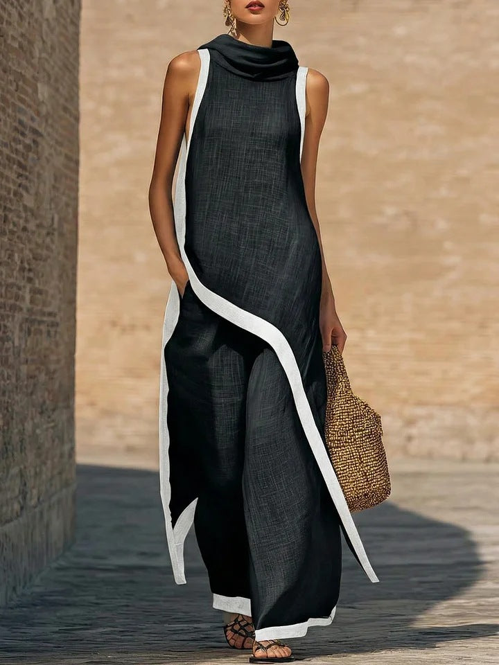 Irregular-cut Hooded Sleeveless Set
