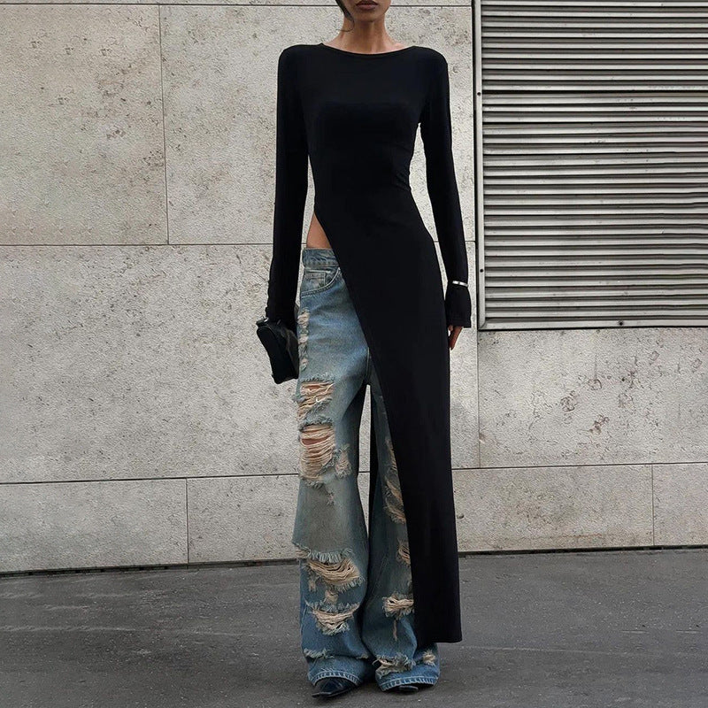 Solid Color Round-neck Long-sleeved Dress Women