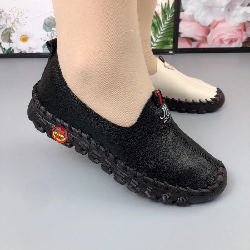 Middle-aged Women's Leather Shoes With Wide Fat Feet And Beef Tendon Sole