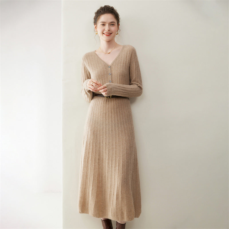 Half-zip Knitted Ribbed V-neck Maxi Dress That Falls Below The Knee