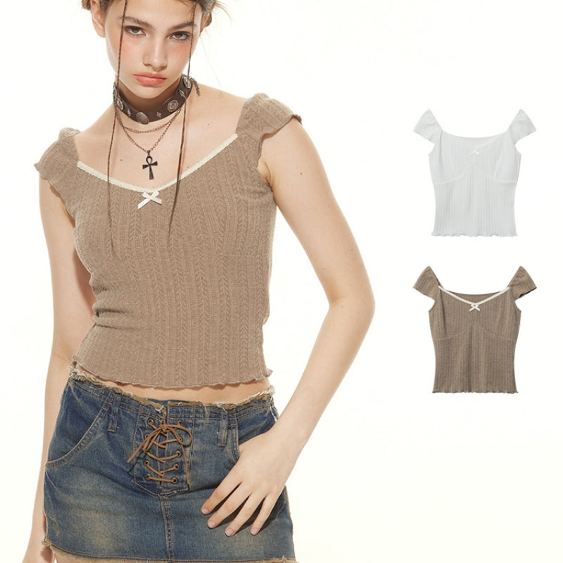 French Retro Square-cut Collar Puff Sleeve Top