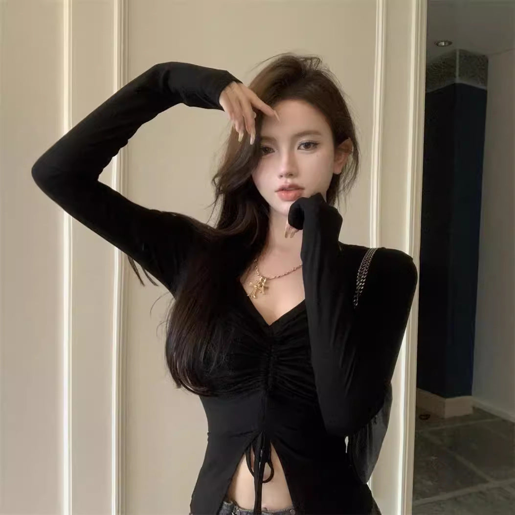 Split Hem Drawstring Waist Fitted Design Long Sleeve T-shirt
