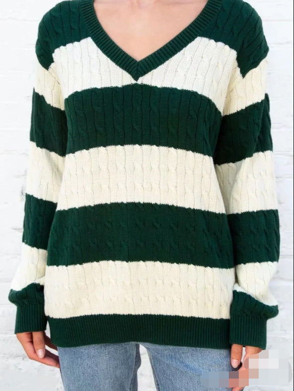 Striped Twist Sweater V-Neck Loose Knit Pullover