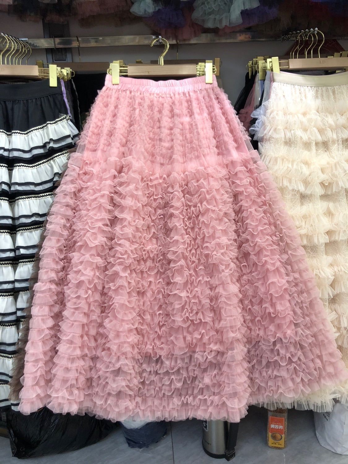 New Colorful Sweet Age-reducing Pleated Solid-color Mesh Midi Puff Skirt