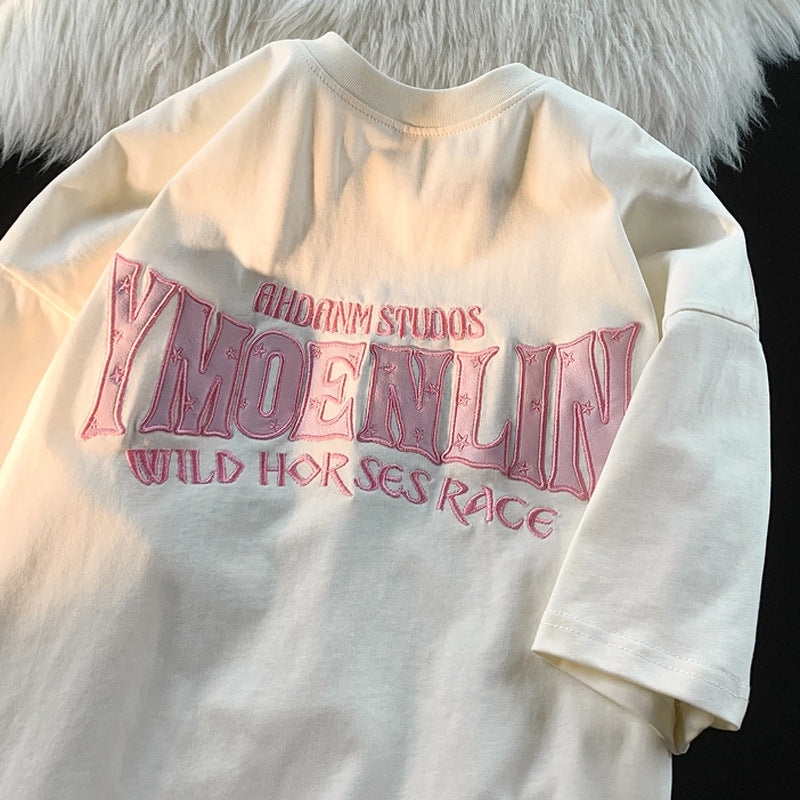 Letter Embroidery Pattern Loose All-matching Pure Cotton Tops