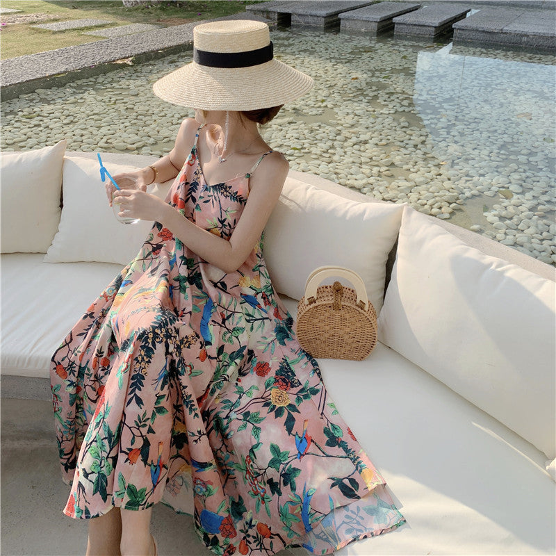 V-neck Retro Colored Suspender Dress For Women