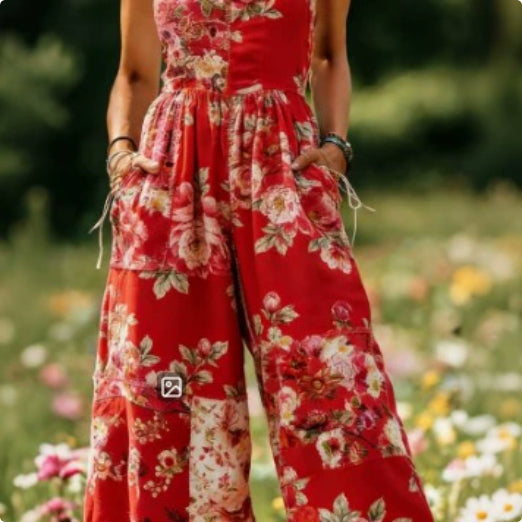 Women's Fresh And Sweet Digital Print Button Suspender Casual Pants