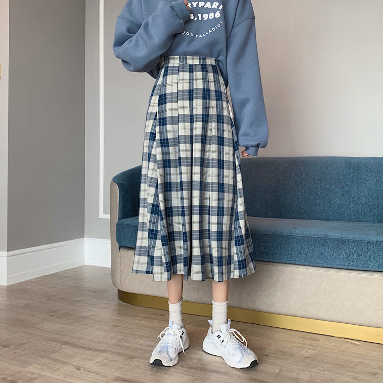 Women's High Waist Plaid Versatile Student Skirt