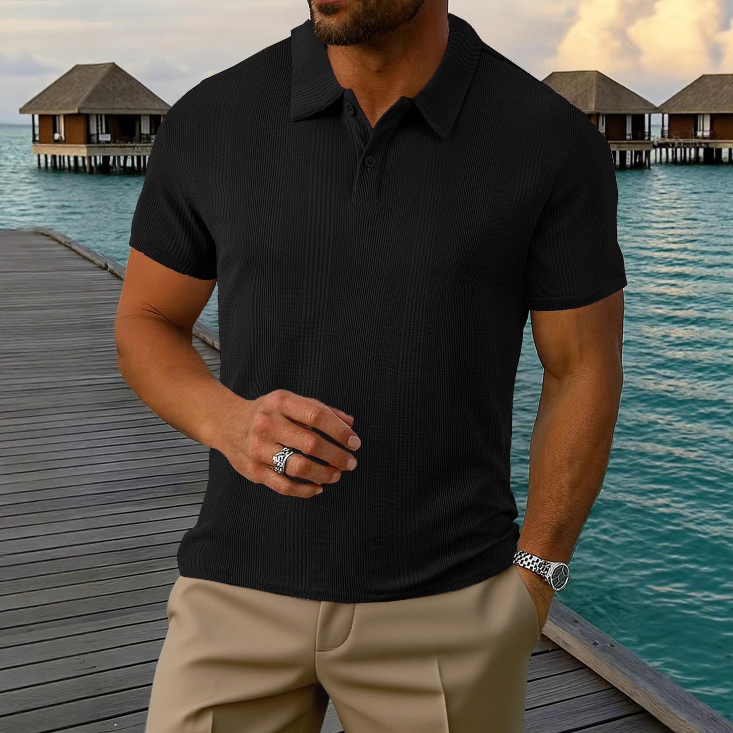Kortærmet t-shirt med revers og struktur til mænd
