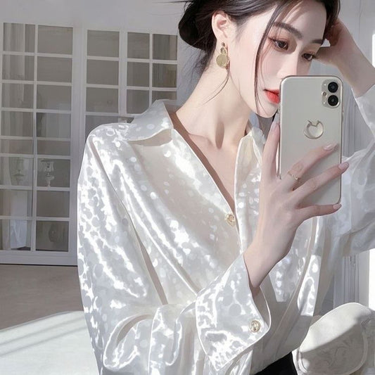 Womens White Long-Sleeve Satin Shirt Elegant Blouse