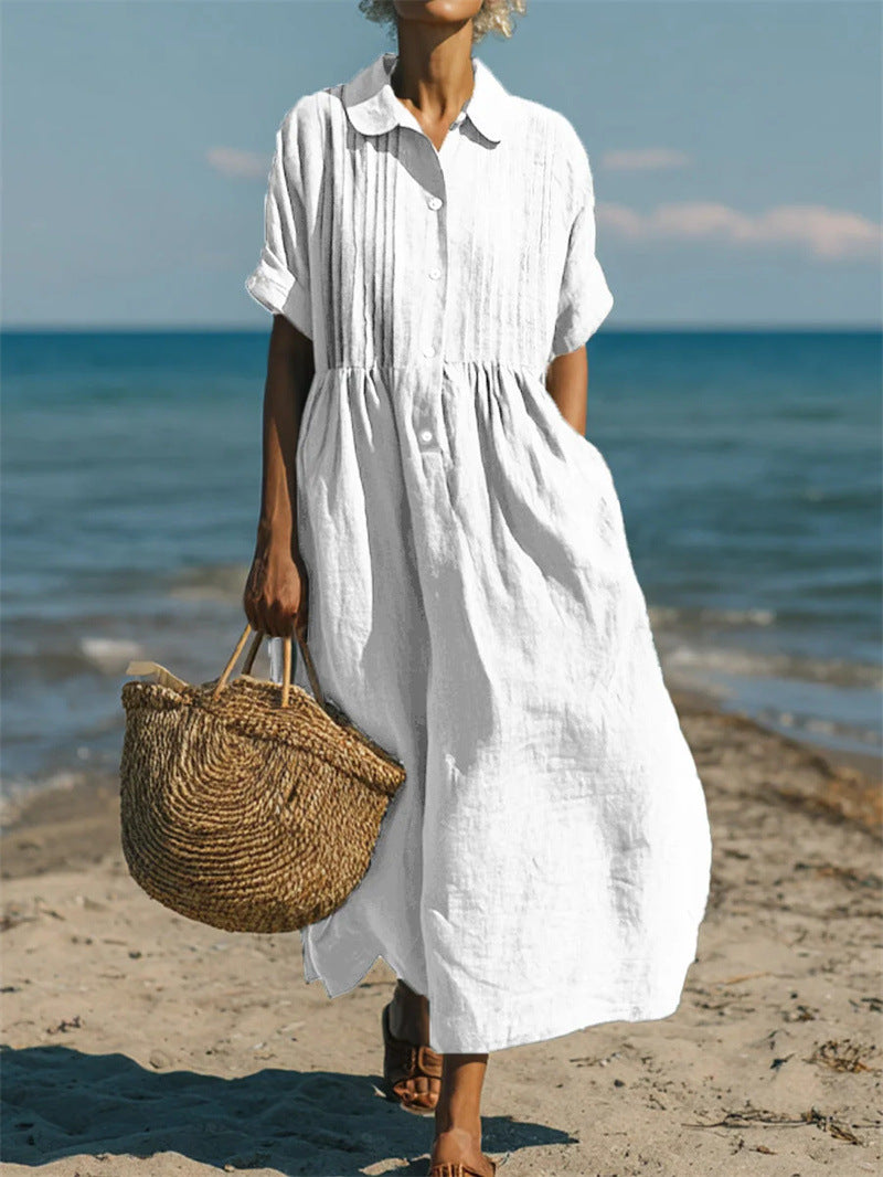 Notch-collar Button-front Pleated Short-sleeve Cotton-linen Dress