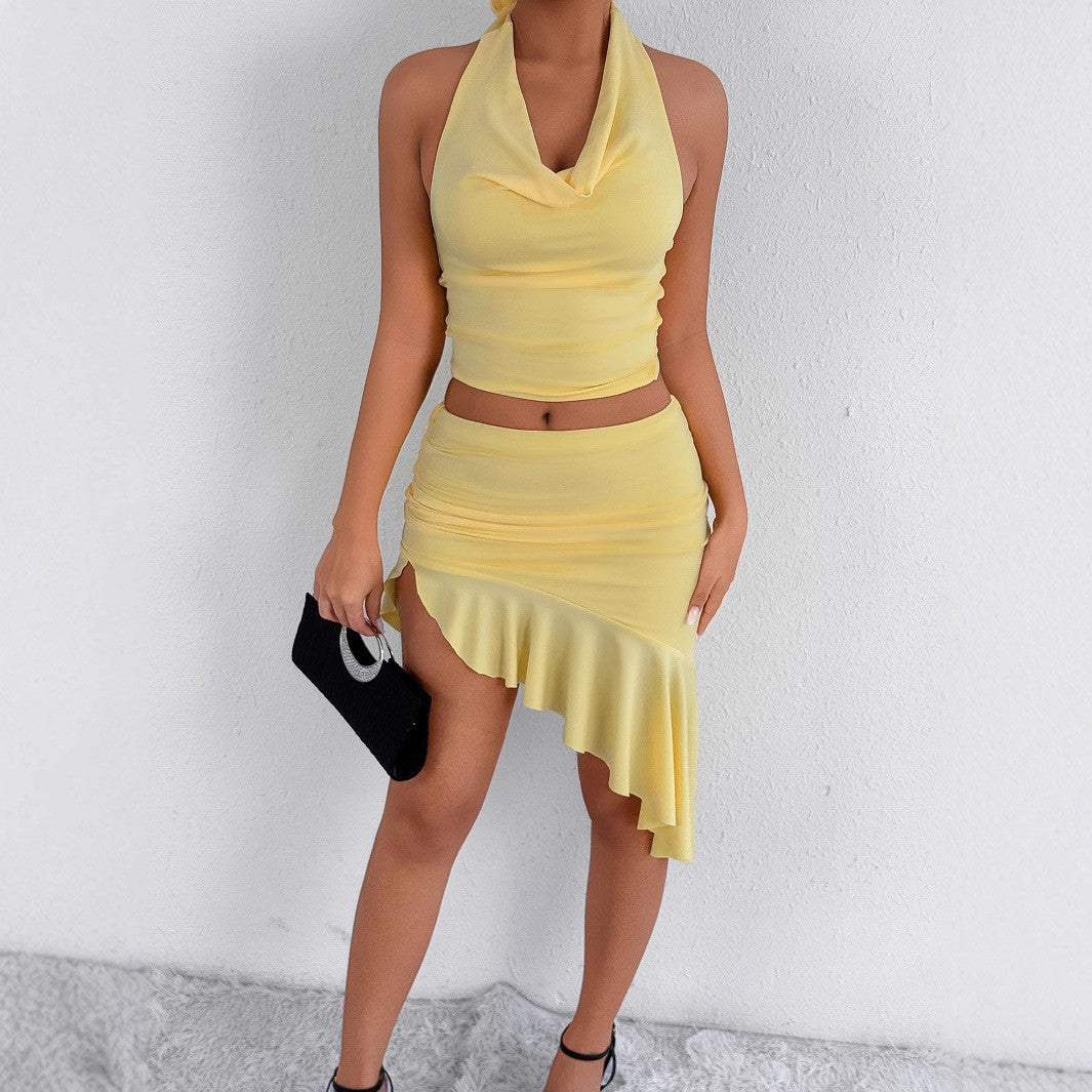 Sexy Halterneck Asymmetrical Bodycon Skirt Two-Piece Set