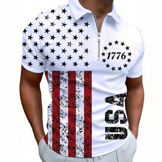 Sommer High-End Business Streetwear 3D Digitalprint Revers Polo T-shirt med Lynlås til Mænd