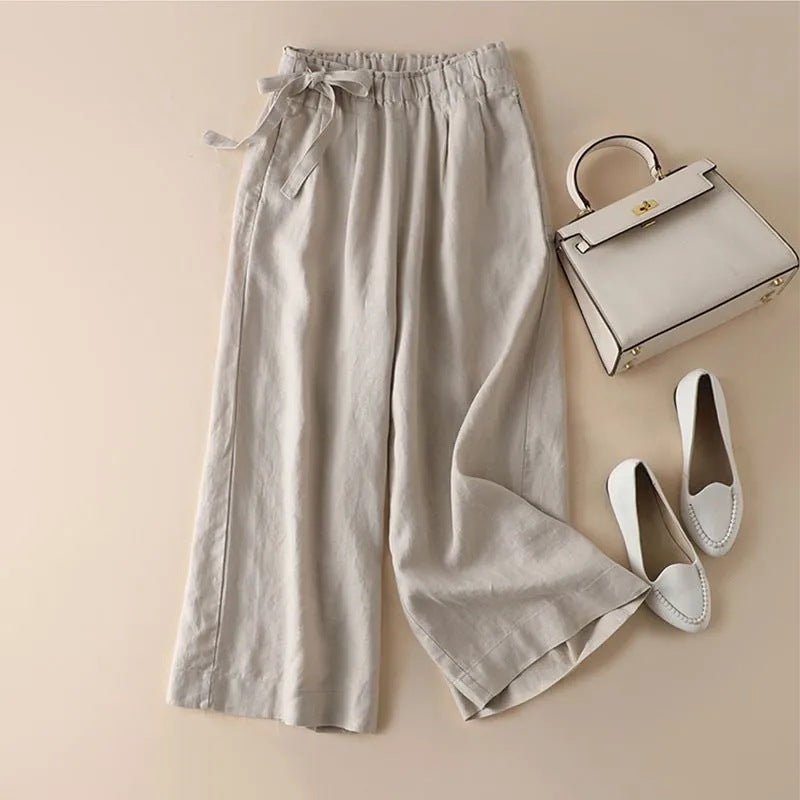 High Waist Side Lace-up Retro Art Elastic-waist Casual Pants For Women