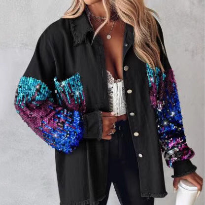 Loose Casual Sequin Denim Tassel Shirt Coat