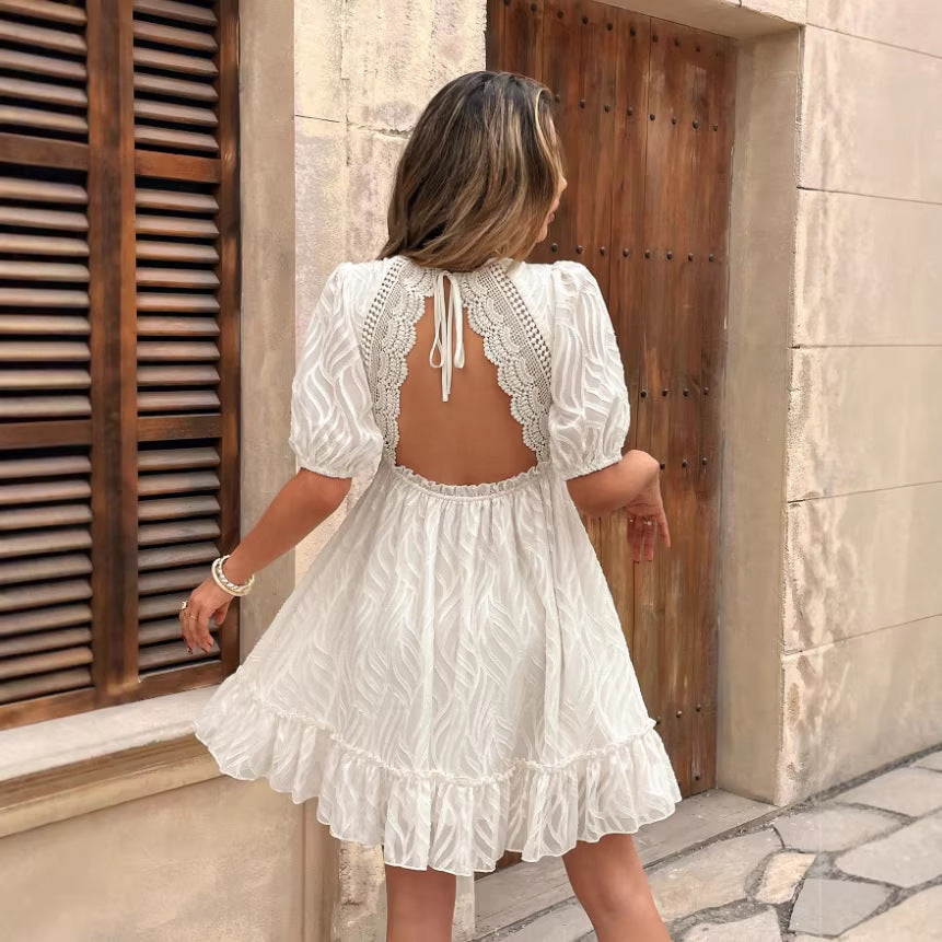 Pleated Lantern Sleeve Womens Dress