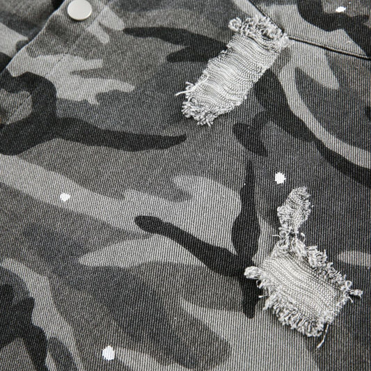Amerikansk Retro Loose Heavy Industry Distressed Camouflage Langærmet Skjorte