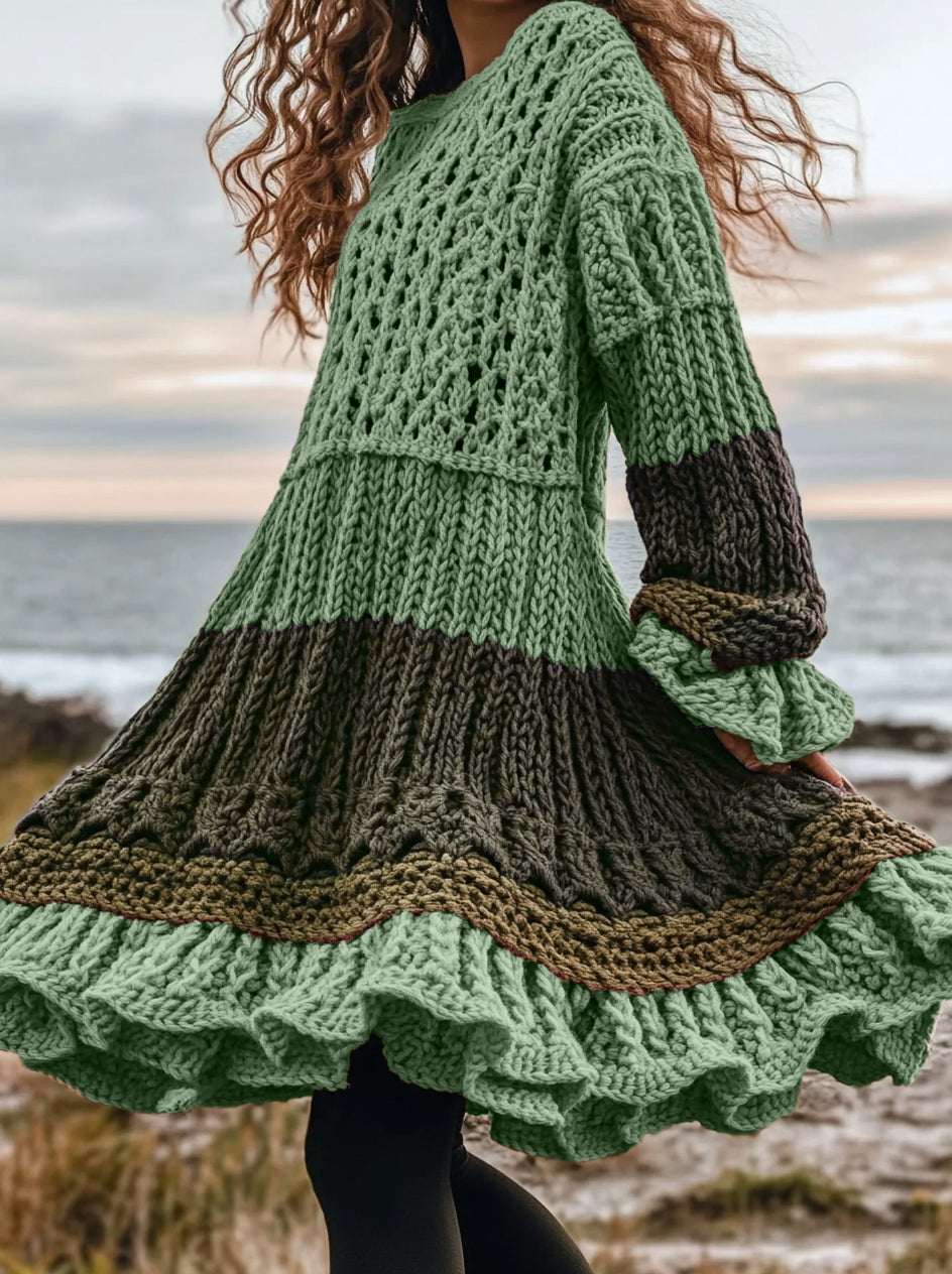 Womens Loose Versatile Retro Cable-Knit Long-Sleeve Dress
